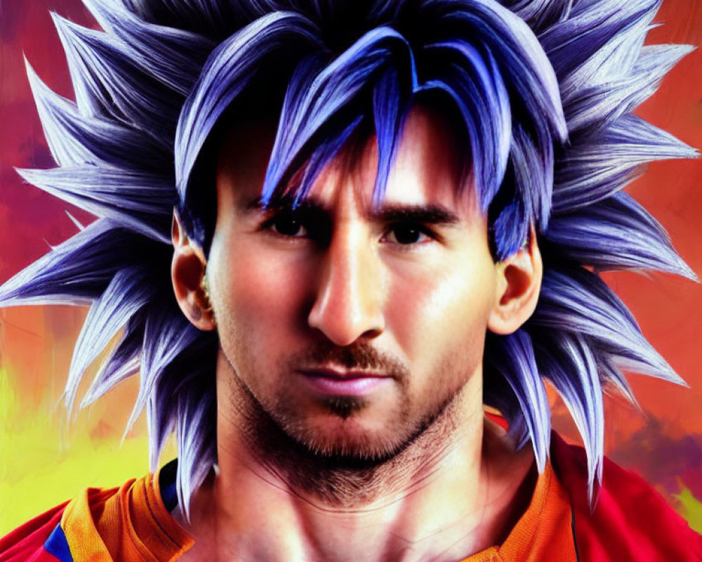 Man with Anime-Inspired Hairstyle on Fiery Background wearing Sports Jersey