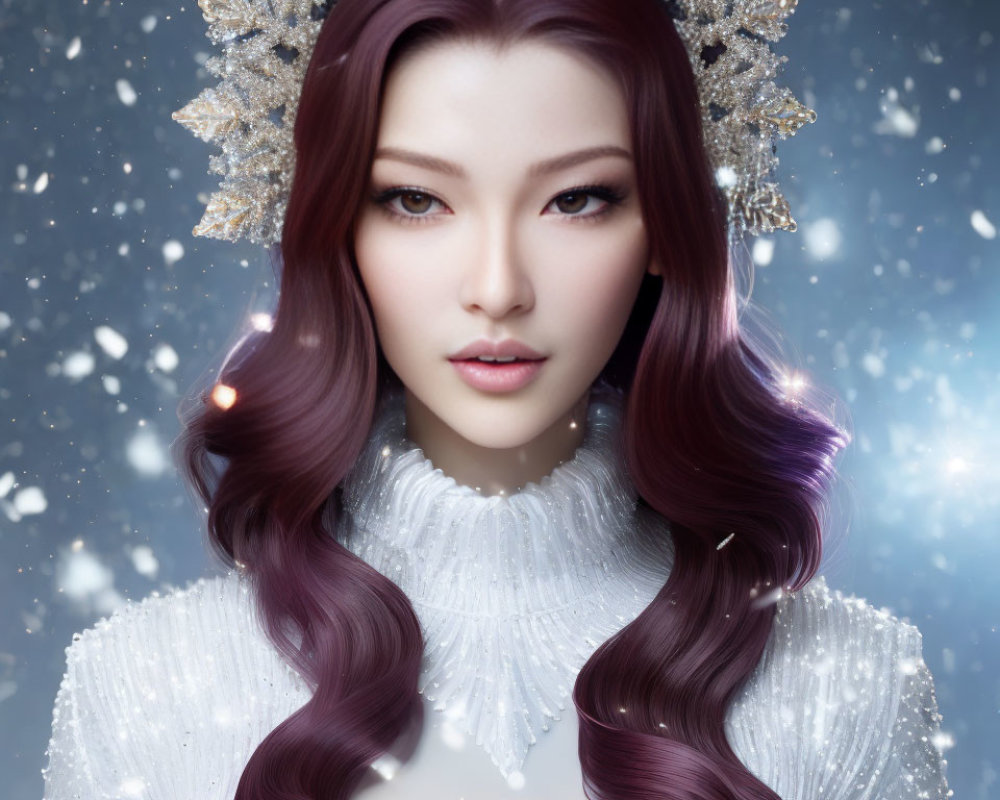 Digital artwork of woman with long wavy purple hair, crown, white dress, snowy background