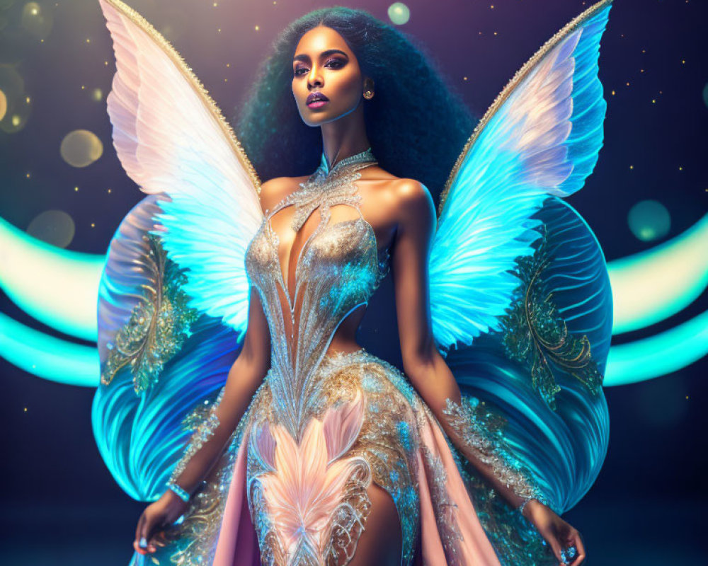 Iridescent Butterfly Wings Fantasy Portrait in Cosmic Setting