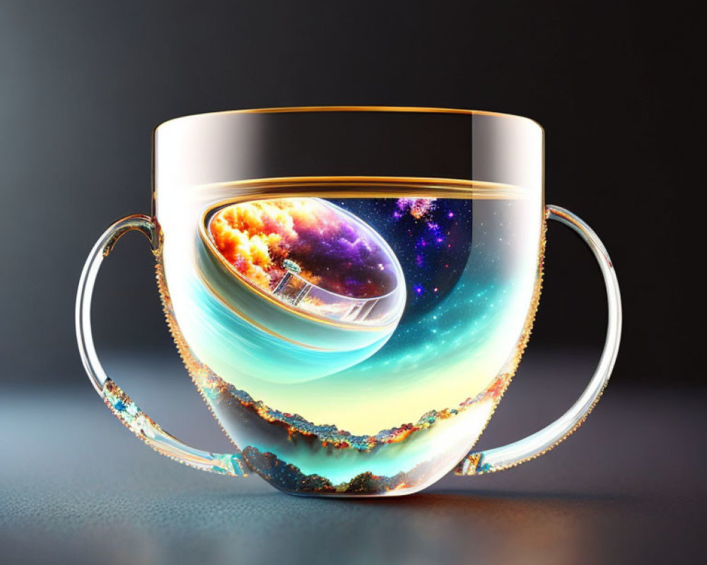 Transparent teacup with cosmic scene of planets and stars