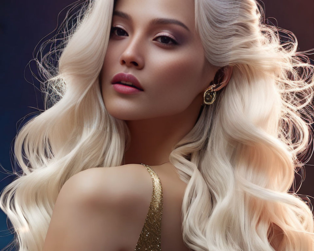 Blonde woman in gold sequined dress and earring on dark background