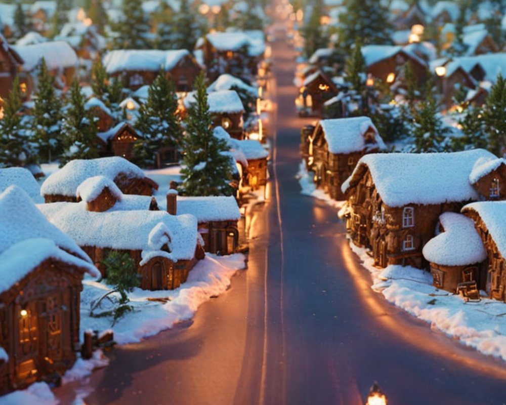 Snowy Village with Illuminated Houses Creating Warm Festive Atmosphere