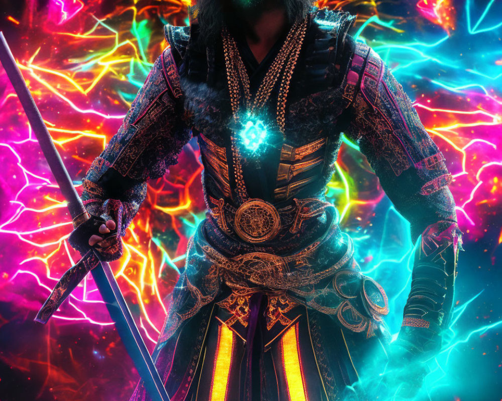 Warrior in ornate armor with sword in vibrant, neon mystical energy