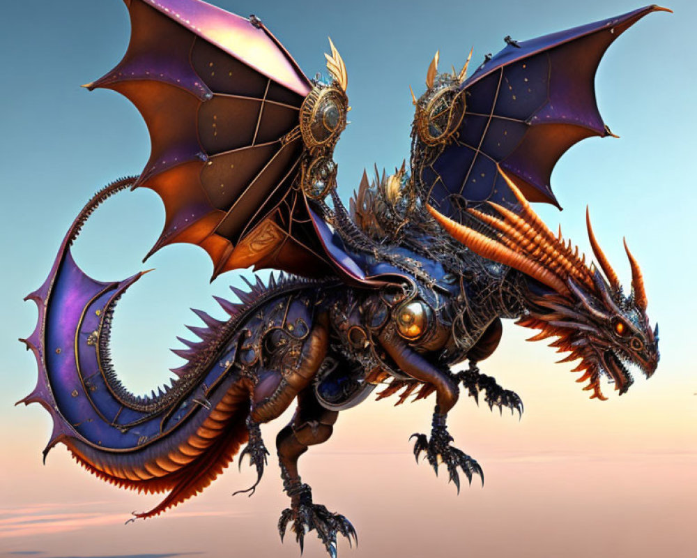 Detailed digital illustration of majestic dragon with expansive wings and ornate scales in twilight sky