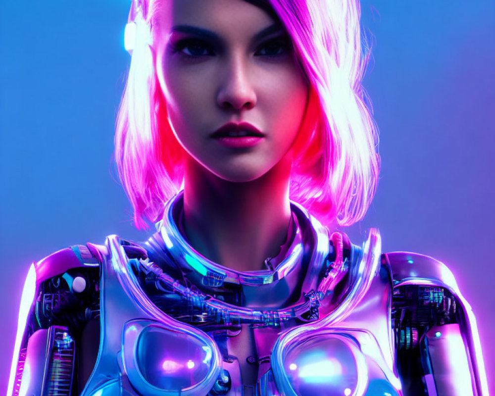 Female Cyborg with Pink Hair & Neon Lighting in Futuristic Armor