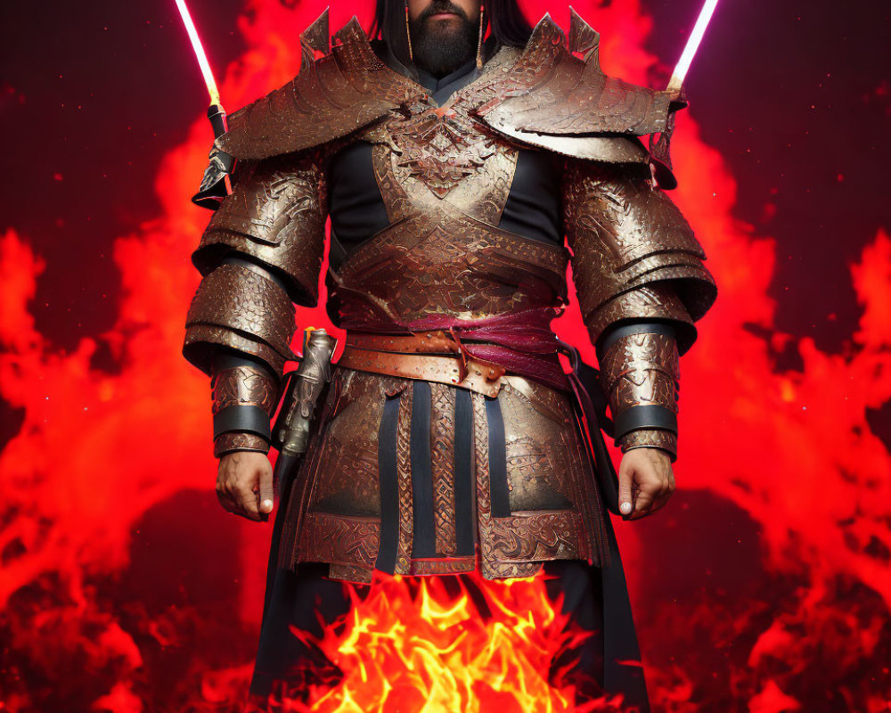 Ornate-armored warrior with crossed lightsabers in fiery red backdrop