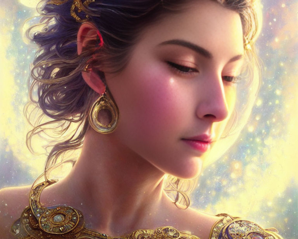 Digital artwork: Woman with golden headdress and jewelry, ethereal visage against starry backdrop.