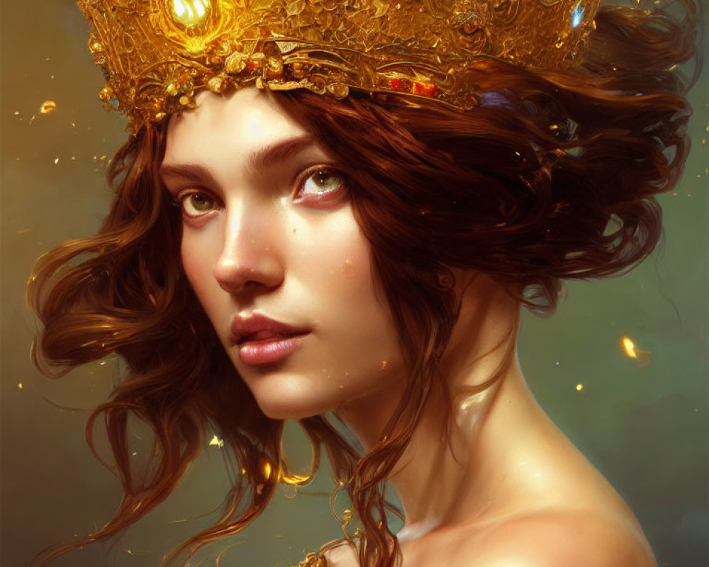 Woman with flowing brown hair and green eyes wearing ornate golden crown and glowing particles.