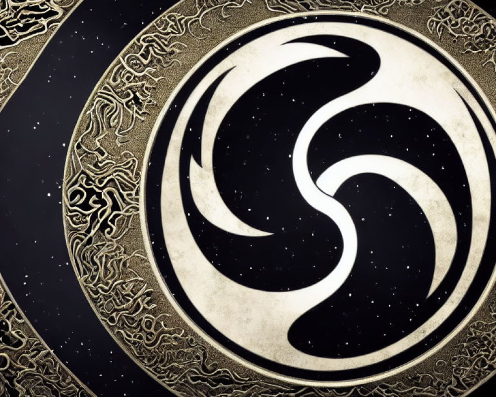 Circular Emblem with Intertwined Crescent Shapes on Starry Night Sky