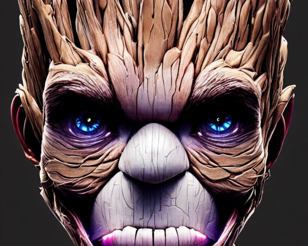 Detailed Close-Up of Humanoid Tree Character with Blue Eyes