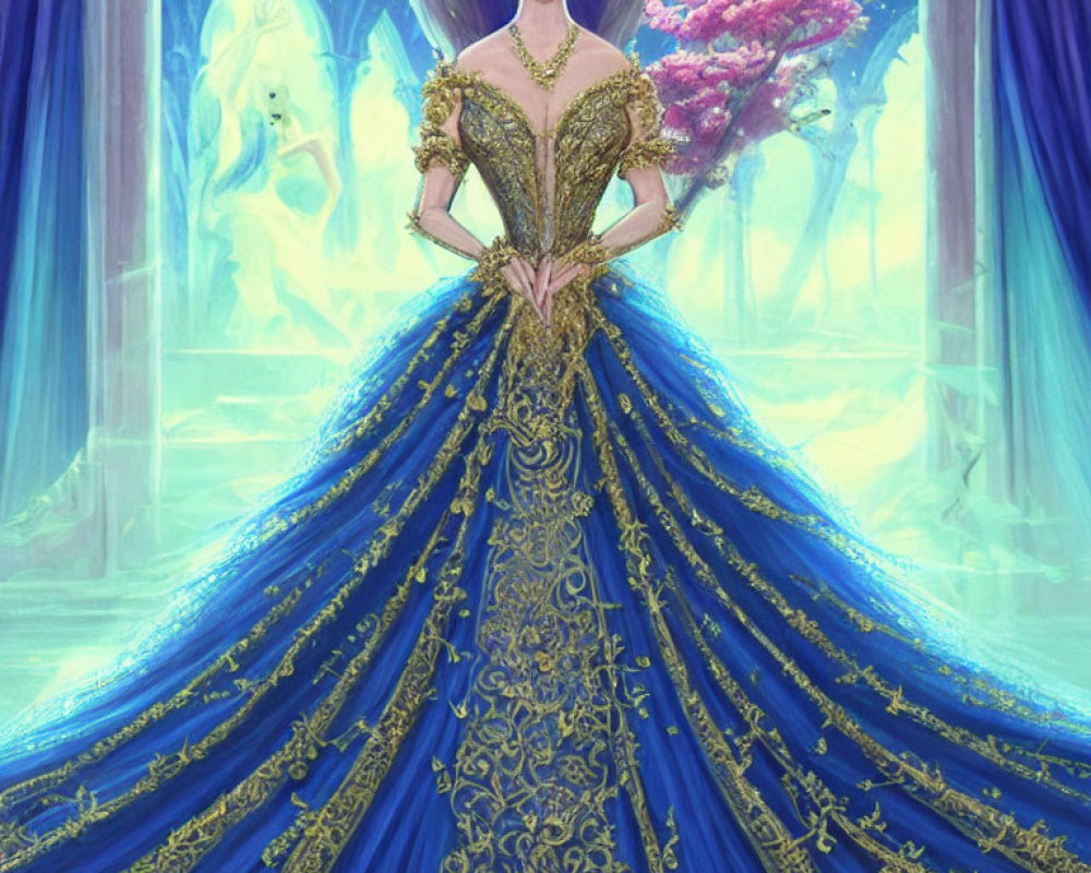 Illustrated woman in luxurious blue gown with golden embroidery and crown in grand hall