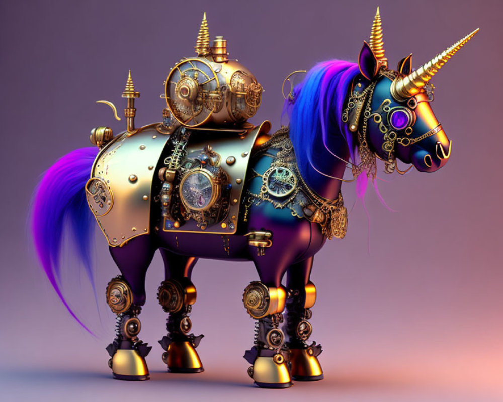 Steampunk-style mechanical unicorn with brass fittings and purple mane on purple background