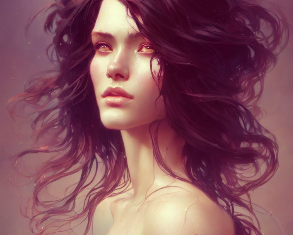 Dark-haired woman with red eyes in ethereal pink glow