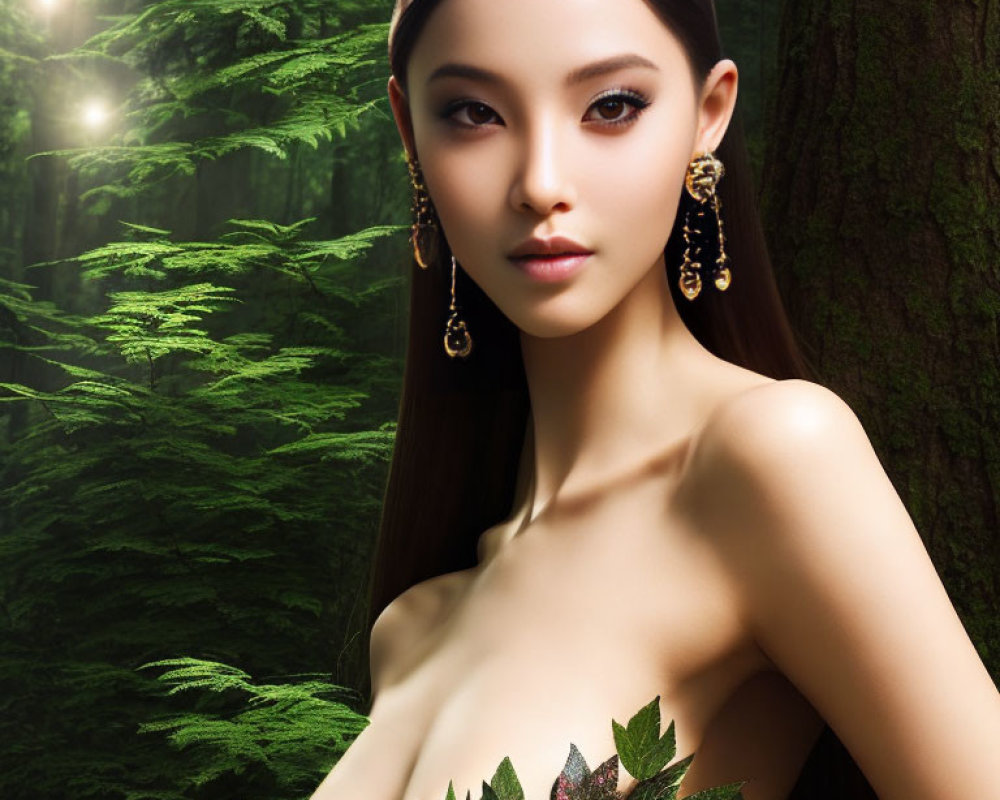 Digital Portrait of Woman with Sleek Hair and Elegant Earrings in Lush Green Forest Setting