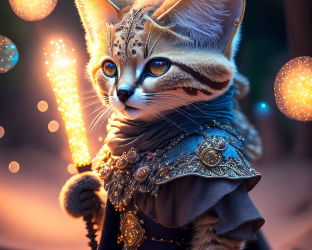 Anthropomorphic feline character in ornate armor with glowing orbs and mystical staff on warm bokeh
