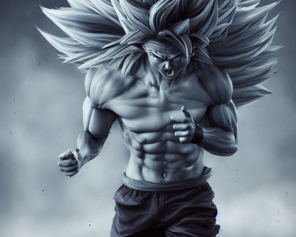 Muscular animated character with spiky hair in dynamic pose against stormy backdrop