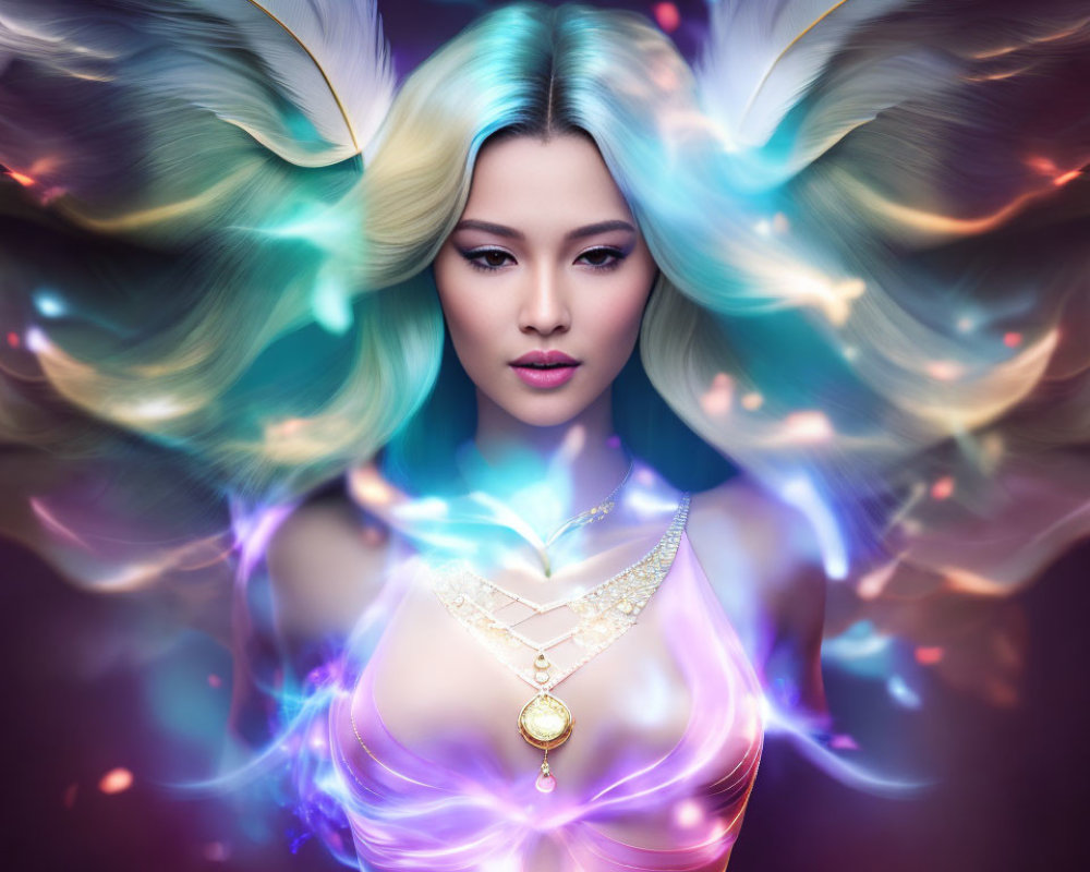 Woman with Glowing Multicolored Wings and Ethereal Lights Portrait