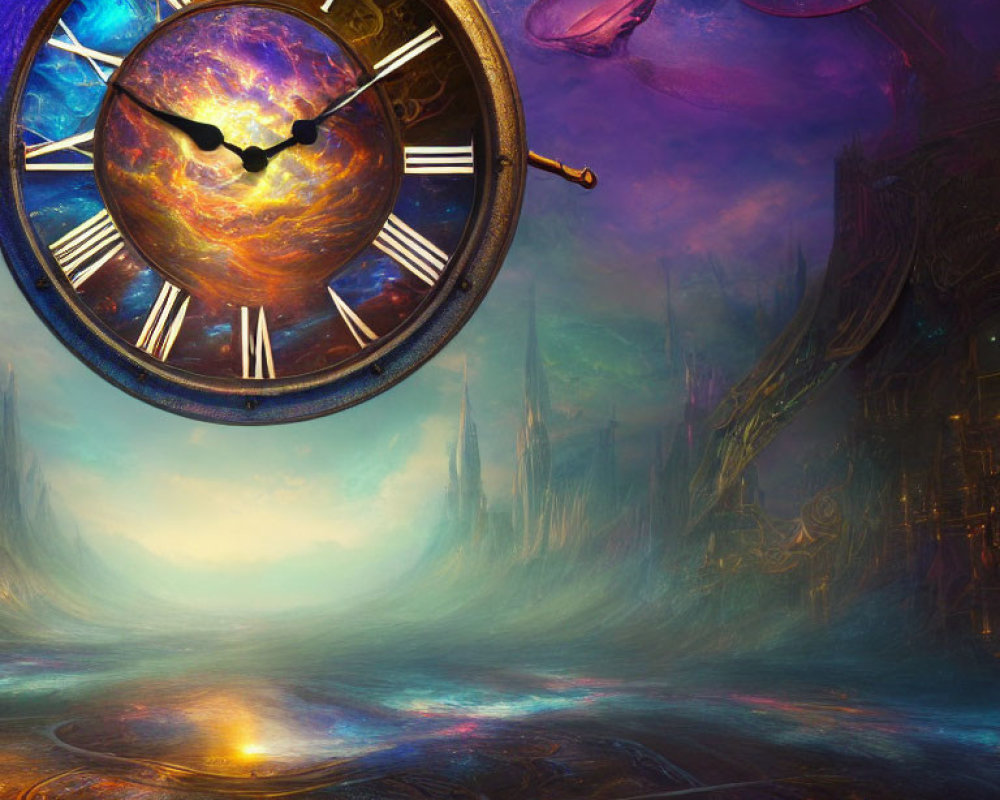 Surreal landscape featuring floating clock and colorful sky