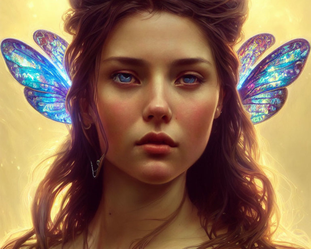 Digital artwork featuring young woman with iridescent butterfly wings