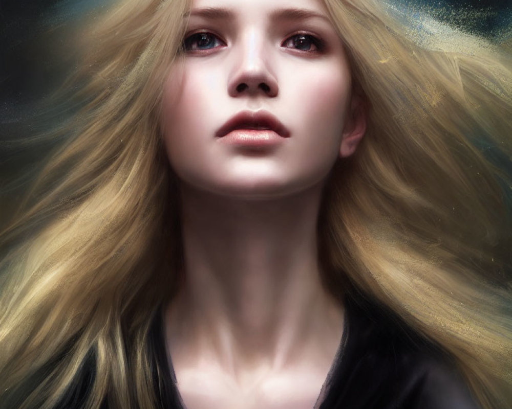 Blonde woman digital artwork with contemplative expression