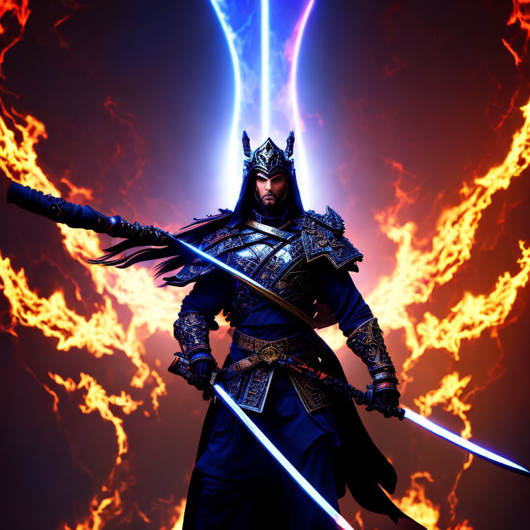 Fantasy warrior in elaborate armor with glowing blue swords amidst flames and lightning.