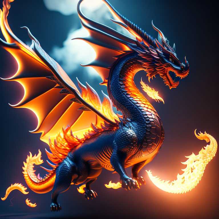 Majestic blue and orange dragon in 3D illustration