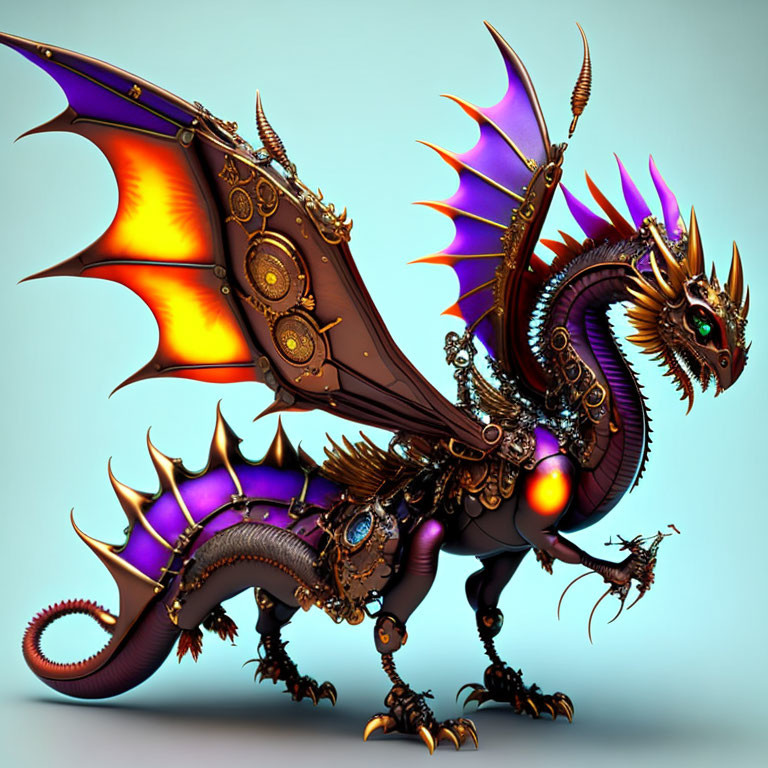 Detailed mechanical dragon illustration with purple and orange wings and intricate gears.