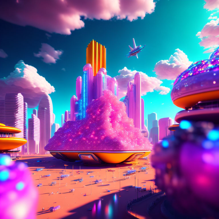 Colorful futuristic cityscape with neon buildings, pink mountain, flying vehicles, and whimsical architecture at