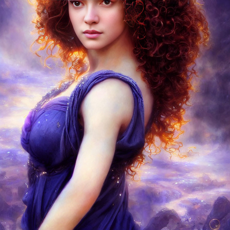 Voluminous Curly Red Hair Woman in Purple Draped Dress