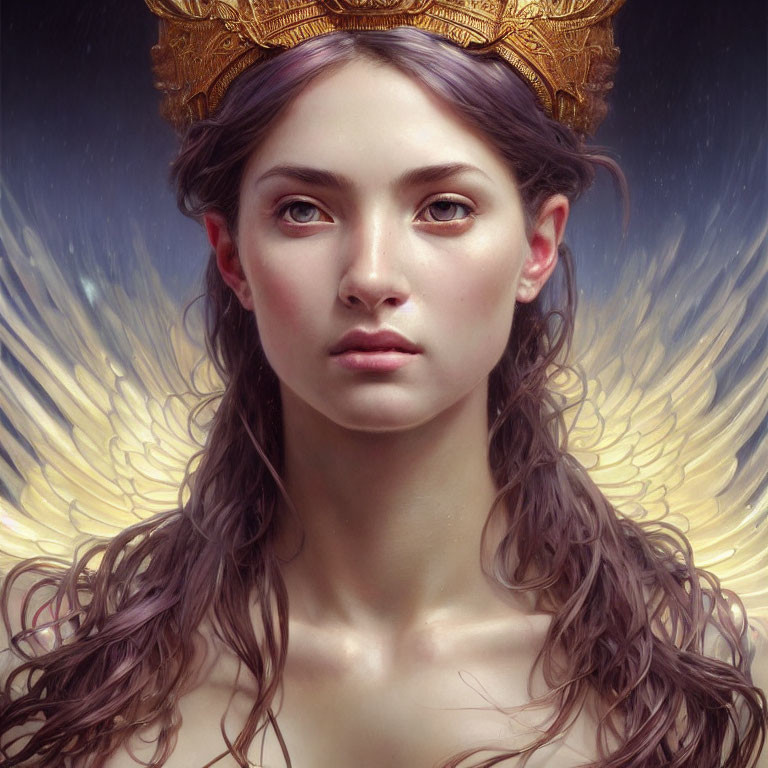 Digital artwork: Woman with golden crown and glowing wings, emanating majestic aura