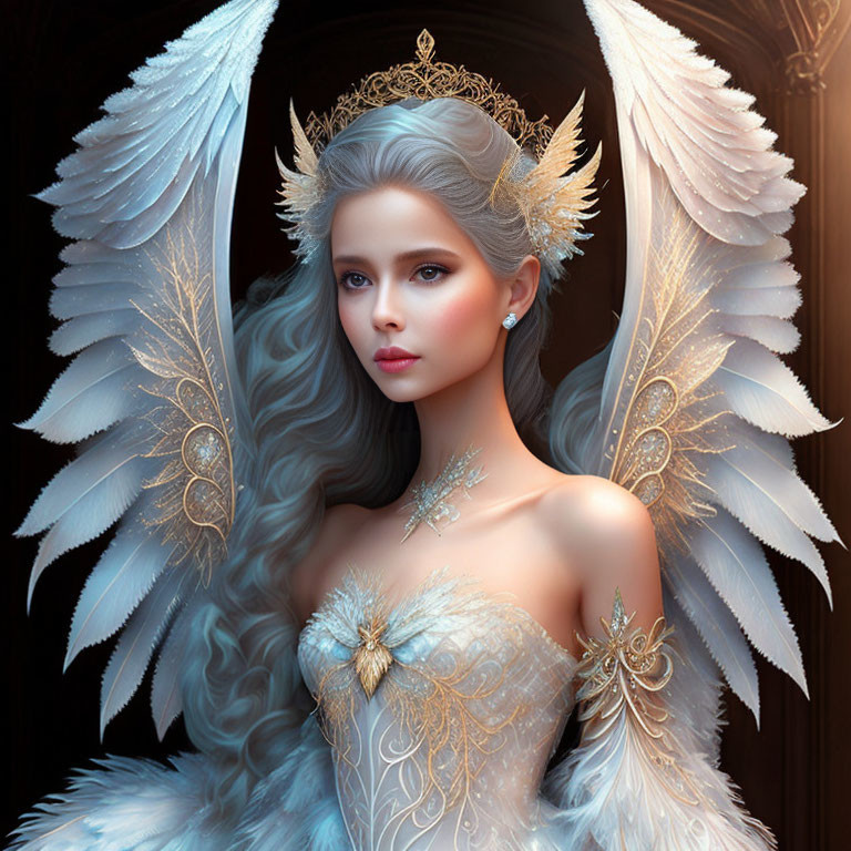 Ethereal woman with white wings and golden crown in blue gown