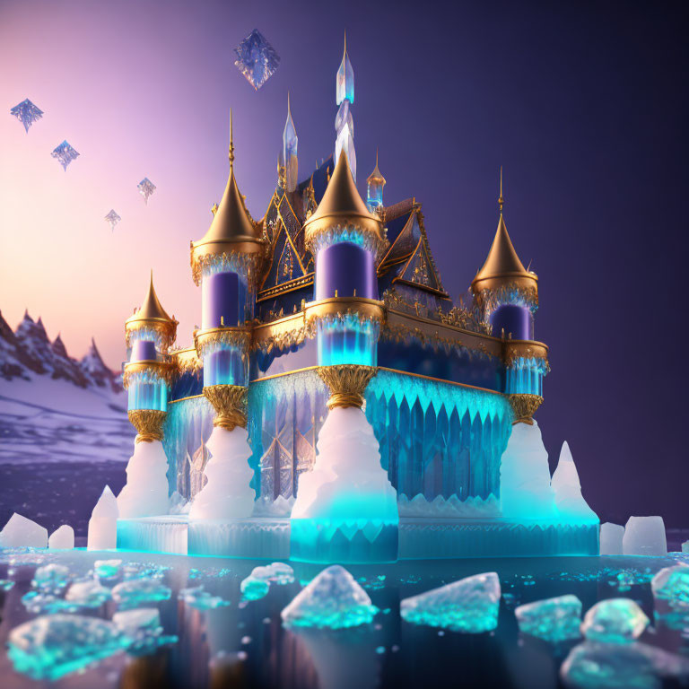 Fantastical ice castle with golden accents in wintry landscape