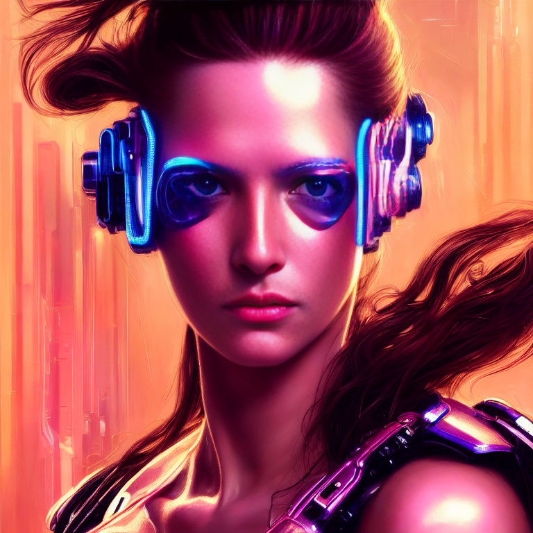 Futuristic digital artwork: Woman with cybernetic eyes in pink background