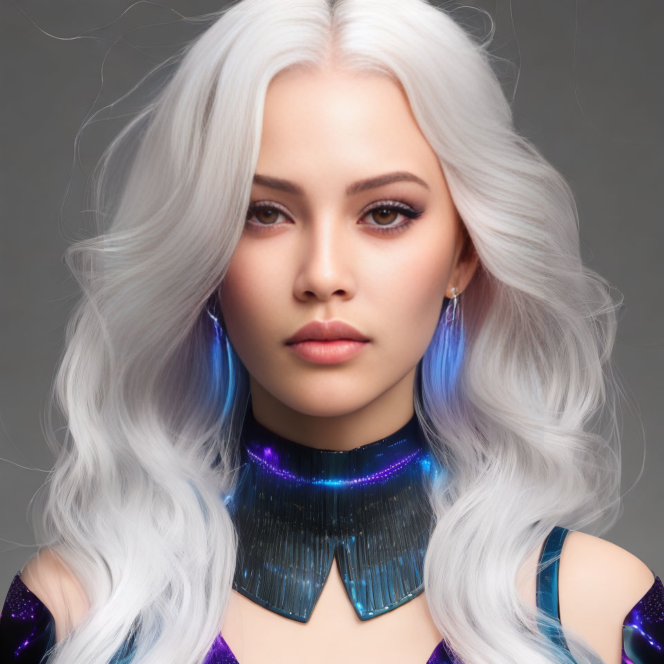 Striking White-Haired Woman in Futuristic Outfit with Blue Earrings