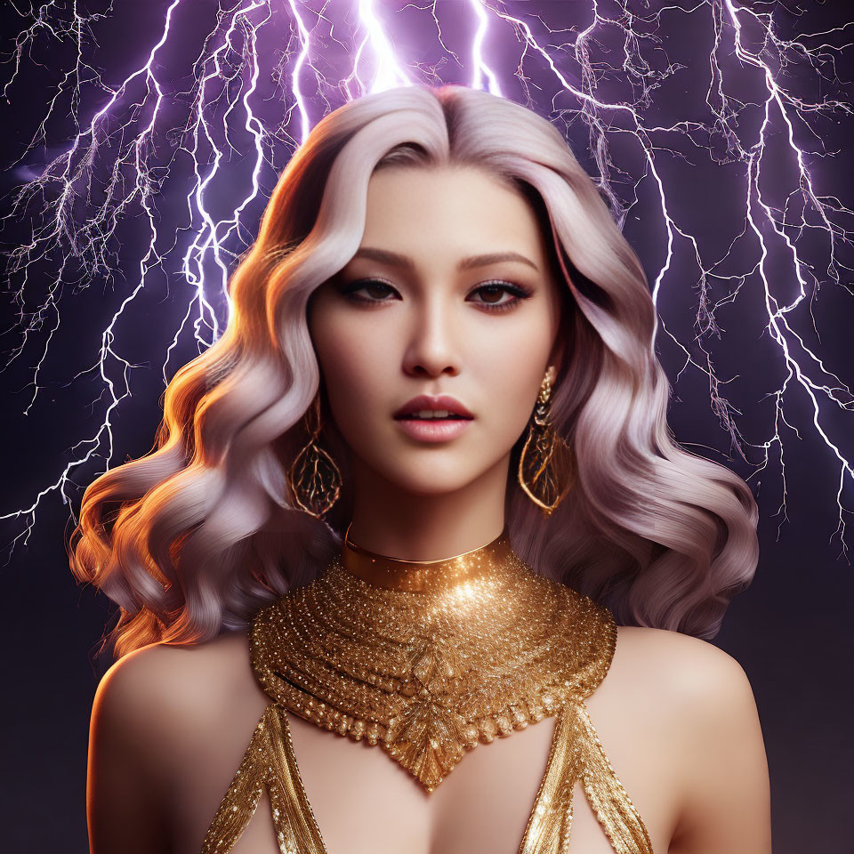 Digital portrait of woman with silver hair, gold jewelry, lightning backdrop