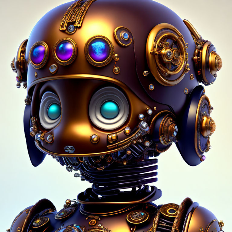 Stylized ornate steampunk robot with bronze head & glowing blue eyes