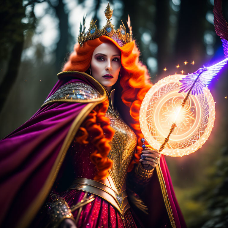 Fiery red-haired figure with golden crown in enchanted forest