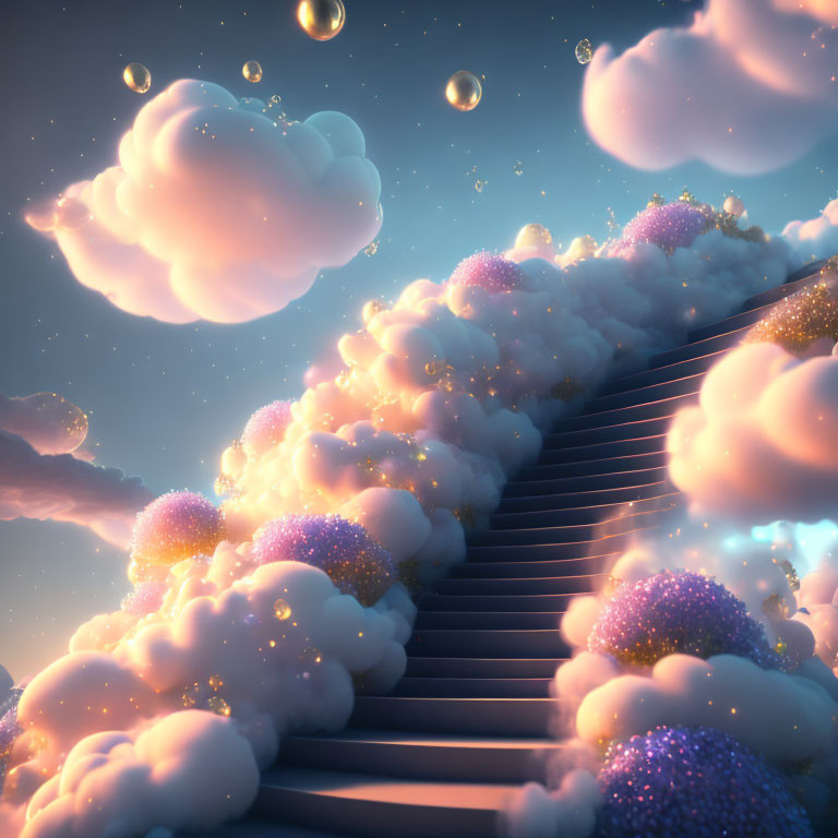 Whimsical stairway in glittering clouds under sunrise-tinted sky