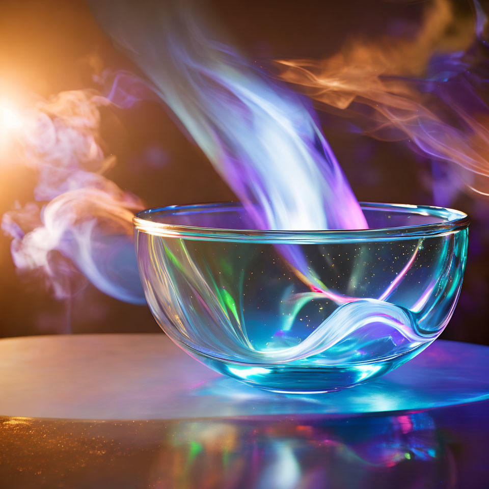 Iridescent Glass Bowl with Blue Flame and Smoke on Dark Background