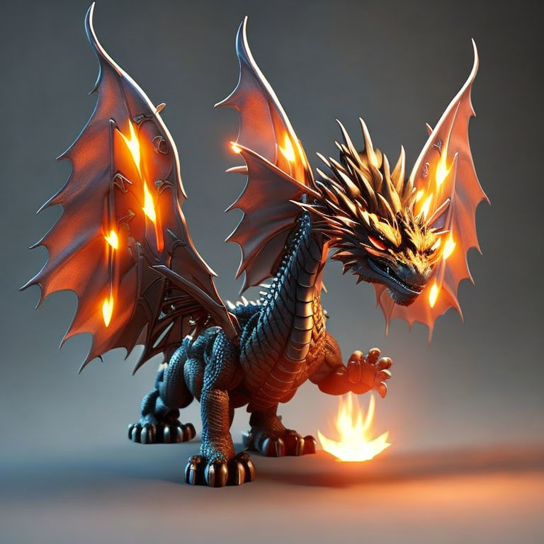 Fiery-winged dragon with glowing edges and spiky tail on dusky background