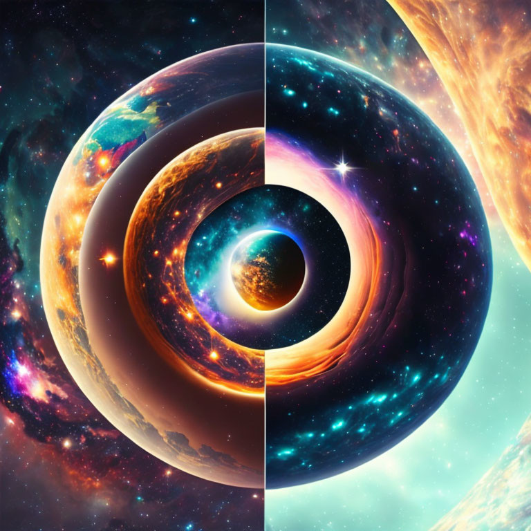 Split universe with outer space and swirling planets.