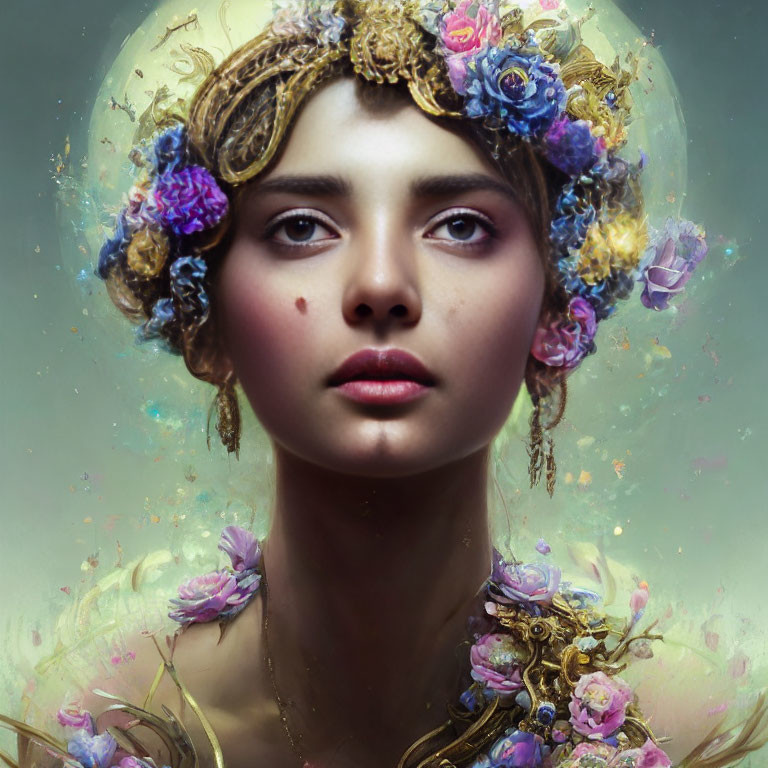 Young Woman Portrait with Floral and Golden Headpiece and Ethereal Light