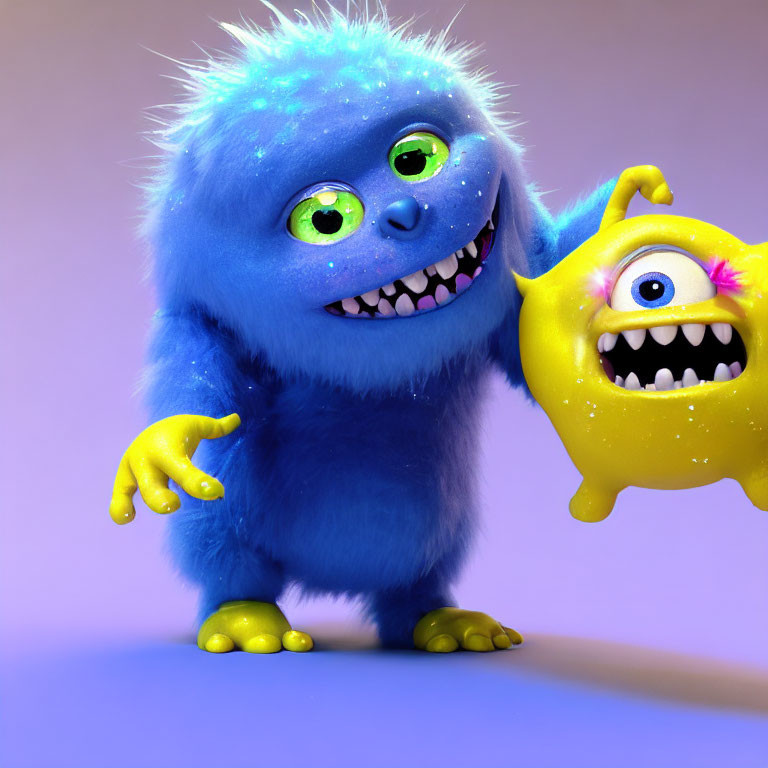 Blue Furry Monster and Yellow One-Eyed Monster Smiling on Purple Background