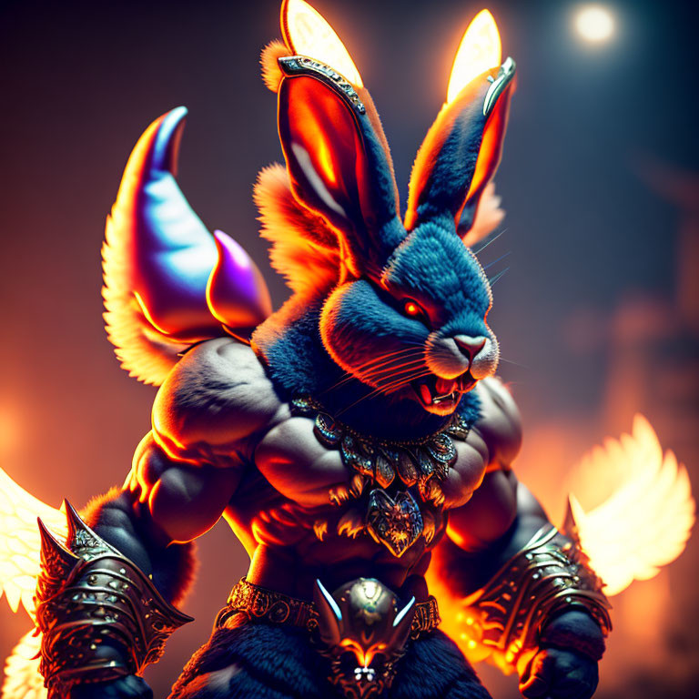 Anthropomorphic warrior rabbit with glowing edges, spear, armor, headband.