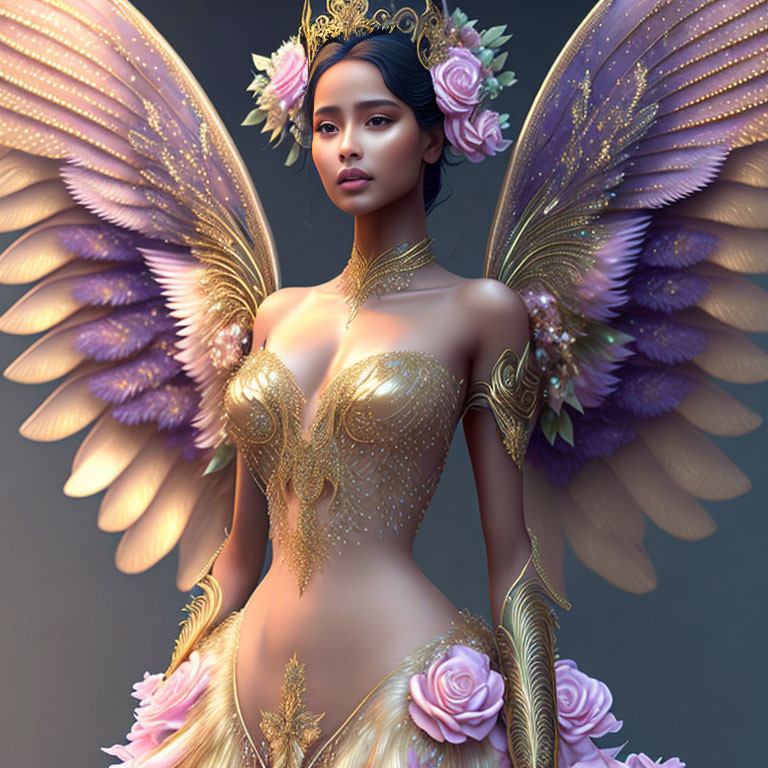 Digital artwork: Woman with angel wings in golden bodice and headdress with pink roses