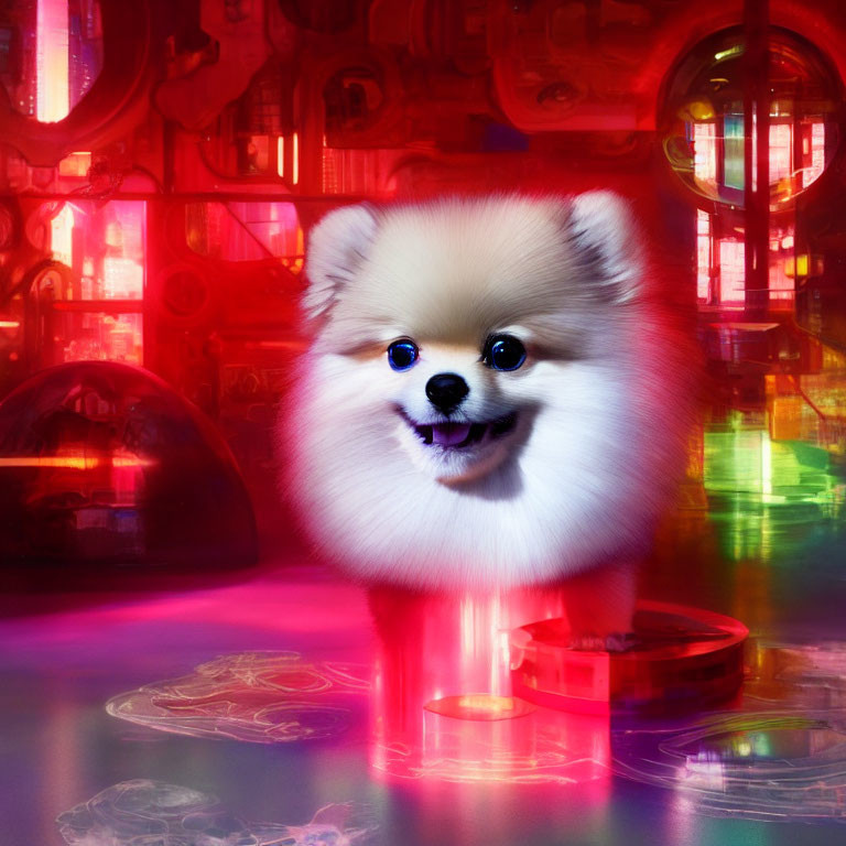 Fluffy Pomeranian Dog in Neon Cyberpunk Setting