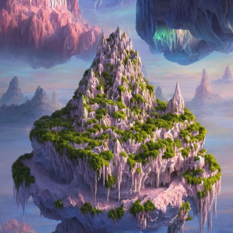 Lush greenery on floating island under purple sky