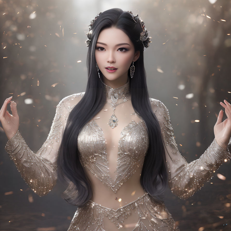 Long-haired woman in embellished gown surrounded by golden particles