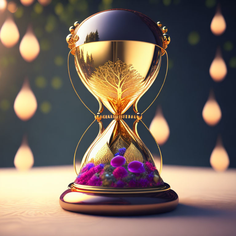 Ornate hourglass with tree, spheres, and purple flowers in dusk setting