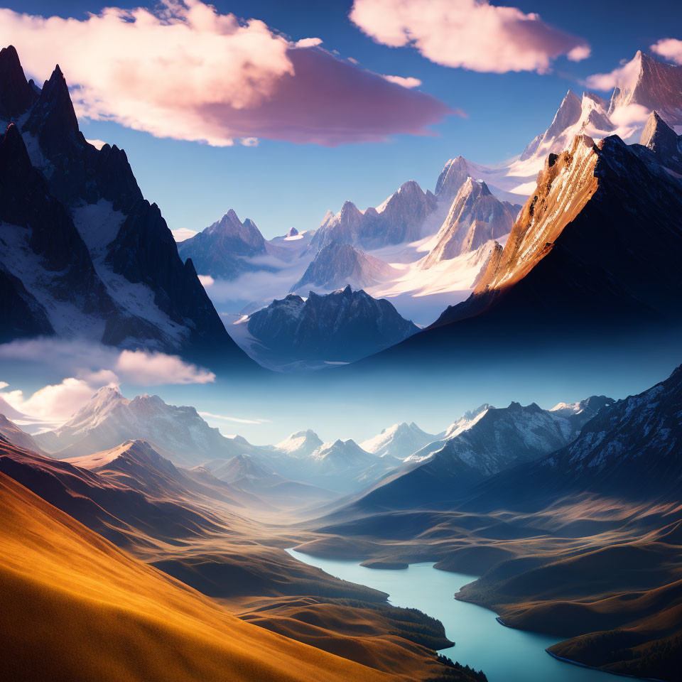 Majestic mountain landscape with sharp peaks, winding river, and vibrant sunset hues